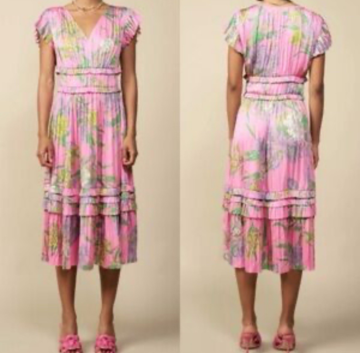 Current Air Anthropology, Botanical Motif Midi Dress Green Pink Floral – Sz M