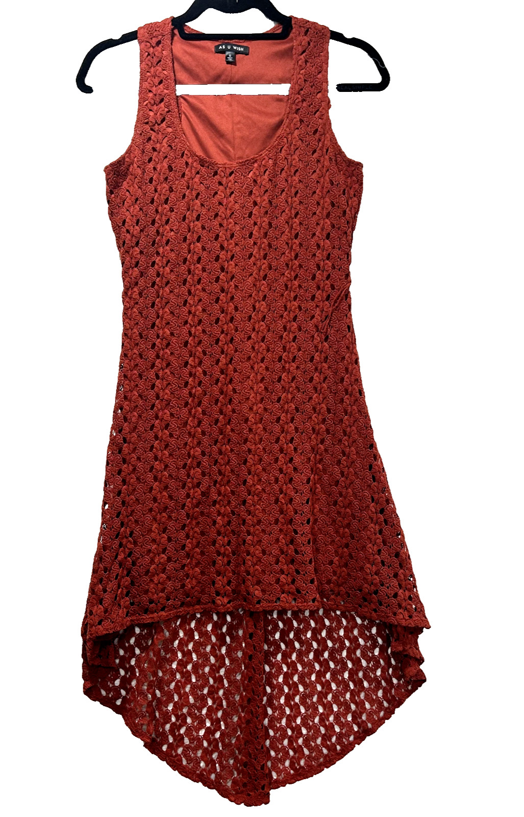 AS U WISH Open Knit Orange High-Low Lined Sleeveless Dress Women’s Size Small