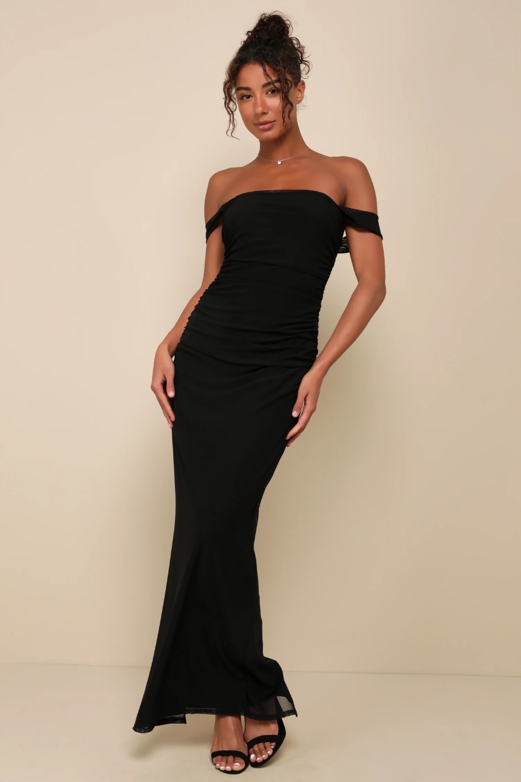 Lulus Black Mesh Ruched Column Maxi Dress XXS Wedding Guest Prom Formal Dress