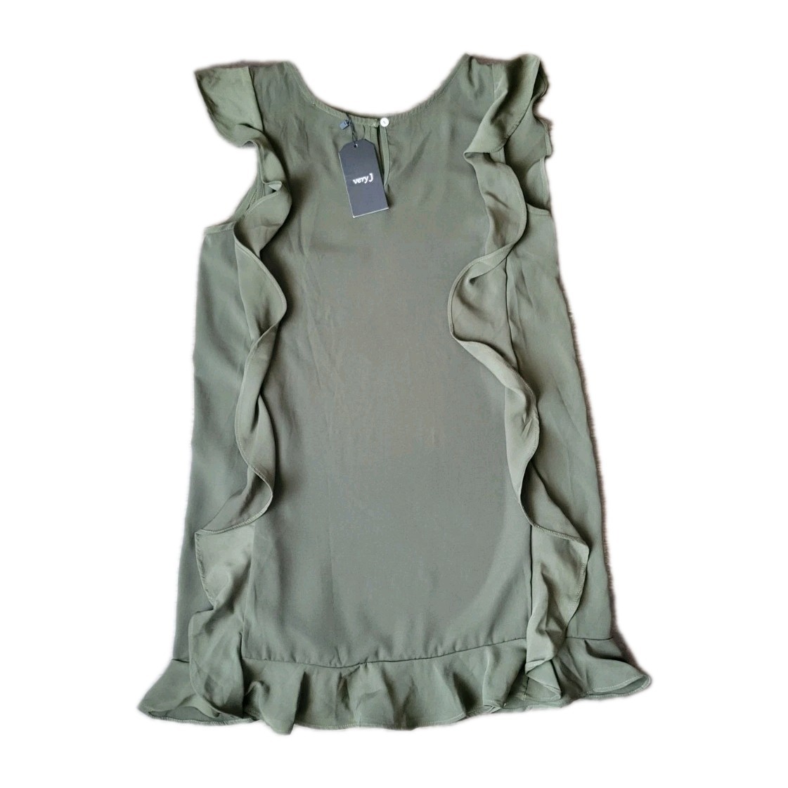 Very J Dress Sz S Ruffled Front Sleeve Less Olive Green New •