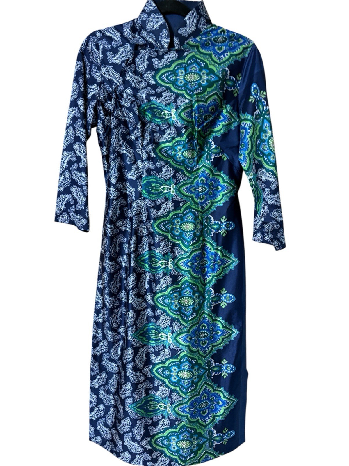 VTG Blue Paisley Chinese Qipao Dress Cheongsam Maxi 70s EUC Women’s S 36/28