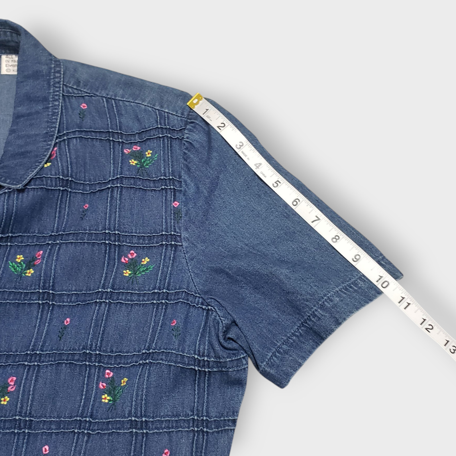 Karin Stevens Denim Button Front Midi Dress Floral Embroidered Sz 12 Cottage