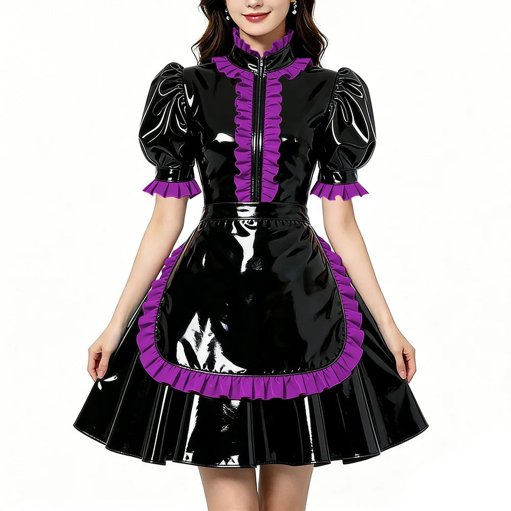 Shiny PVC Zipper Maid Dress Puff Sleeve Bodycon Dress Cosplay Party Uniform