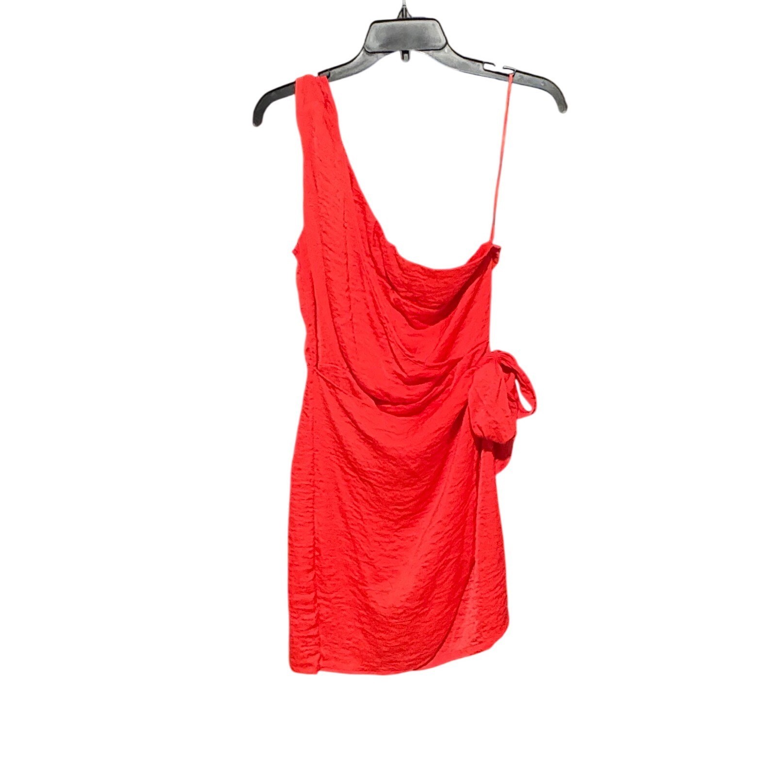 Red One Shoulder Textured Mini Wrap Dress Side Tie Med Wedding Guest Going out