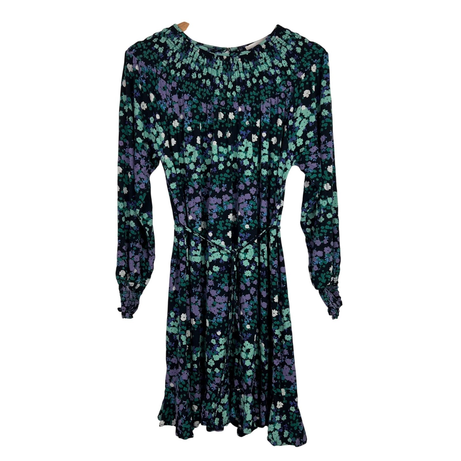 LOFT Women’s Floral Smocked Neck Long Sleeve Belted Dress Size Medium