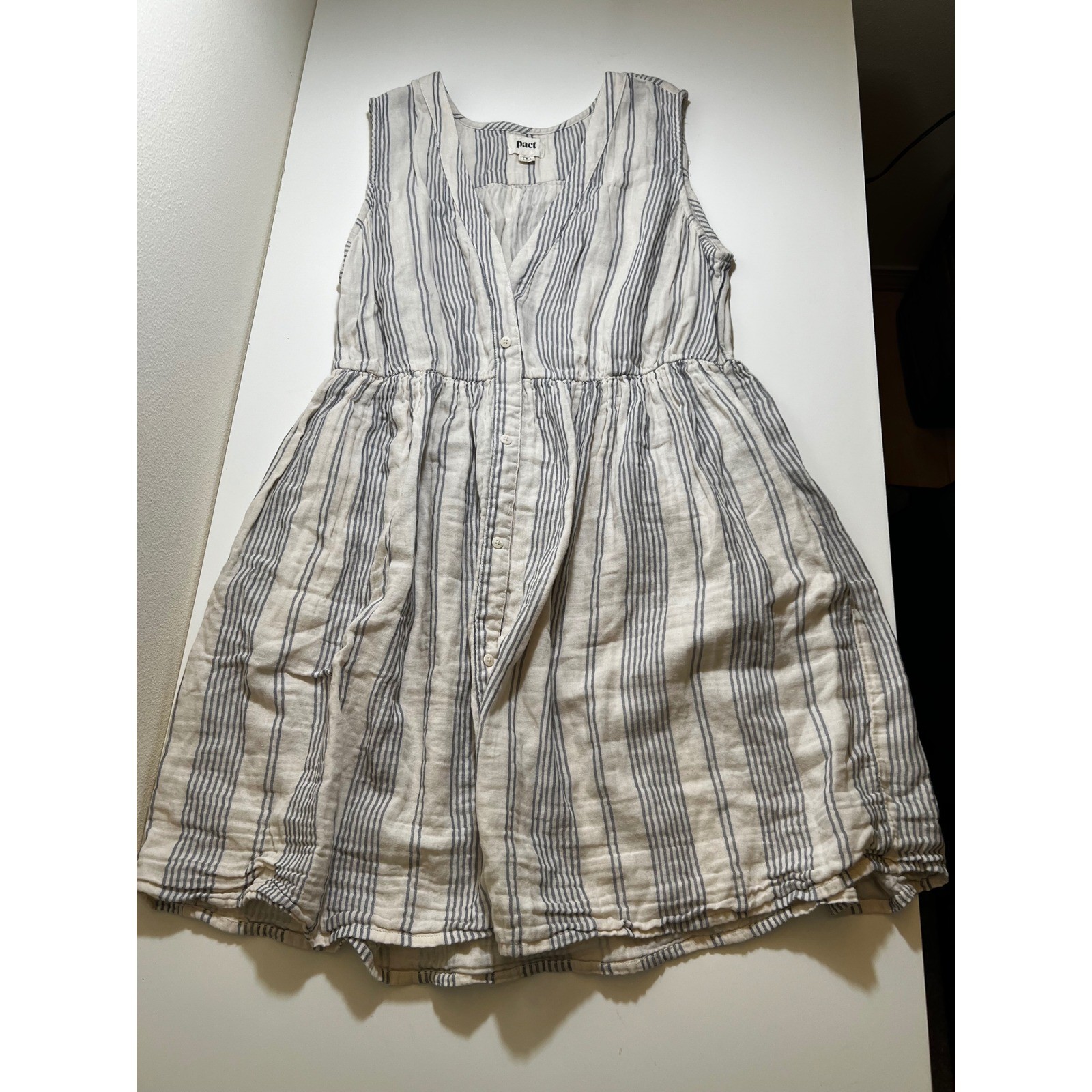 Pact Womens Organic Cotton Double Gauze Dress M Striped Blue White Summer Boho