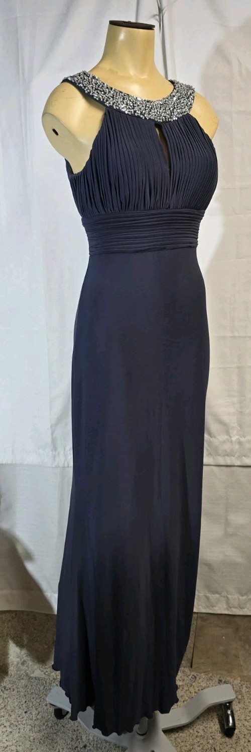 JS Boutique Gown 4 Navy Beaded Pleated Formal Evening Prom Maxi Dress