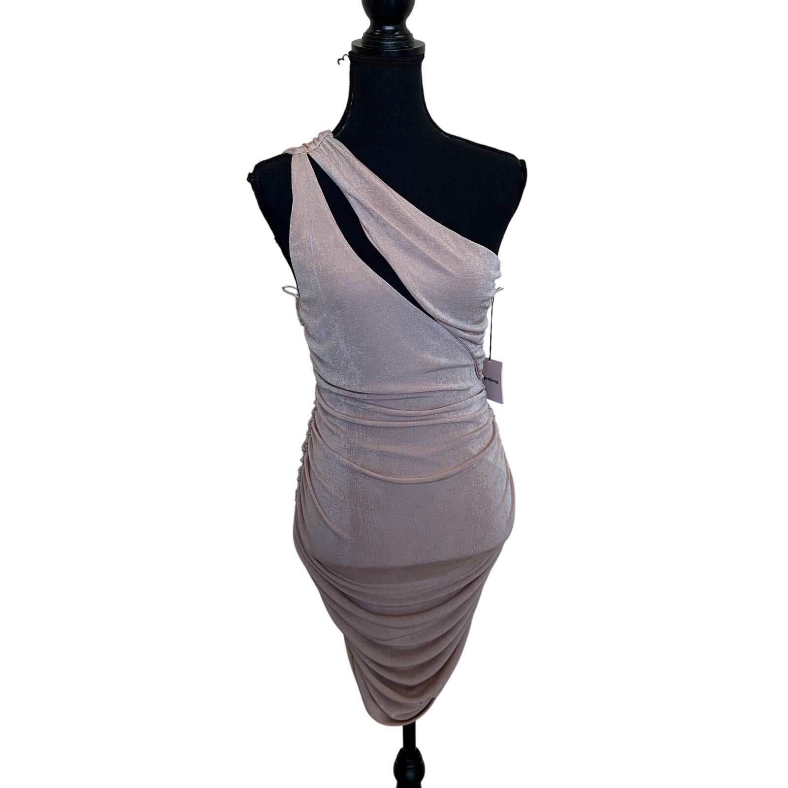 Superdown Nude Slinky One Shoulder Mini Dress MEDIUM Ruched Revolve Cut Out NEW