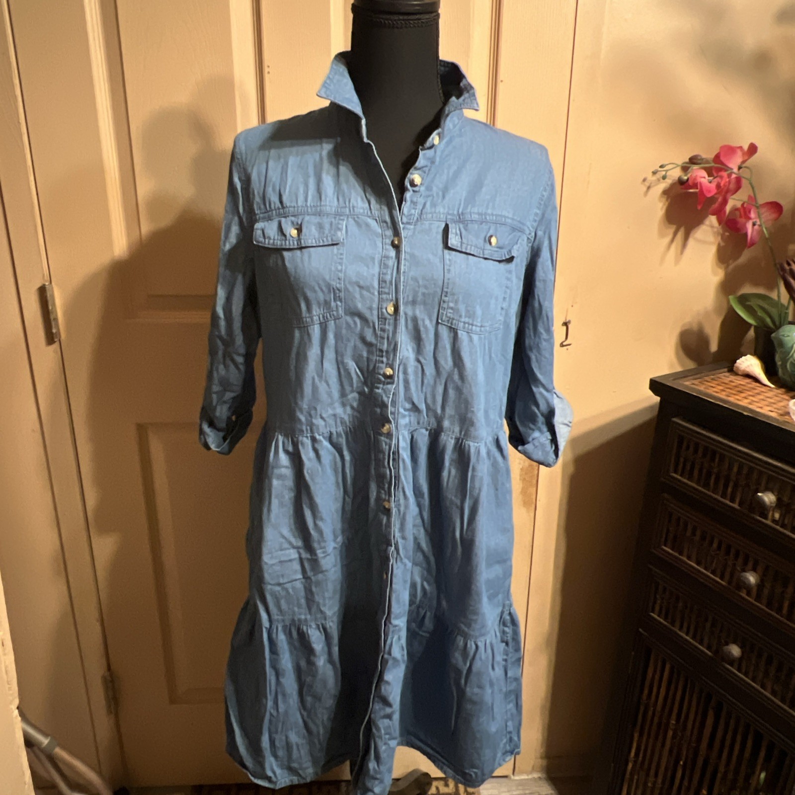 Millennium Denim Button Front Dress 3/4 Sleeves With Top Pockets PP40” L37” M