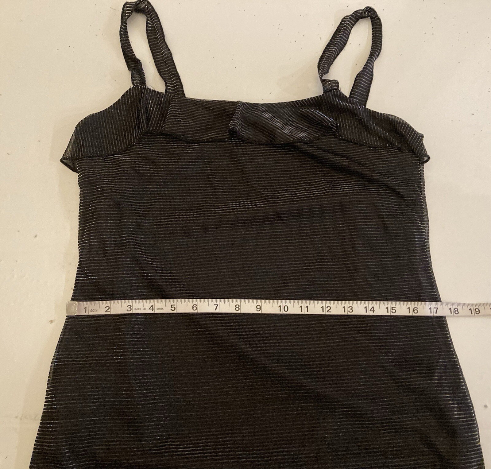 Vintage Fashion Bug Black Metallic Striped Slip Dress Size 12 Ruffle Hem 90s