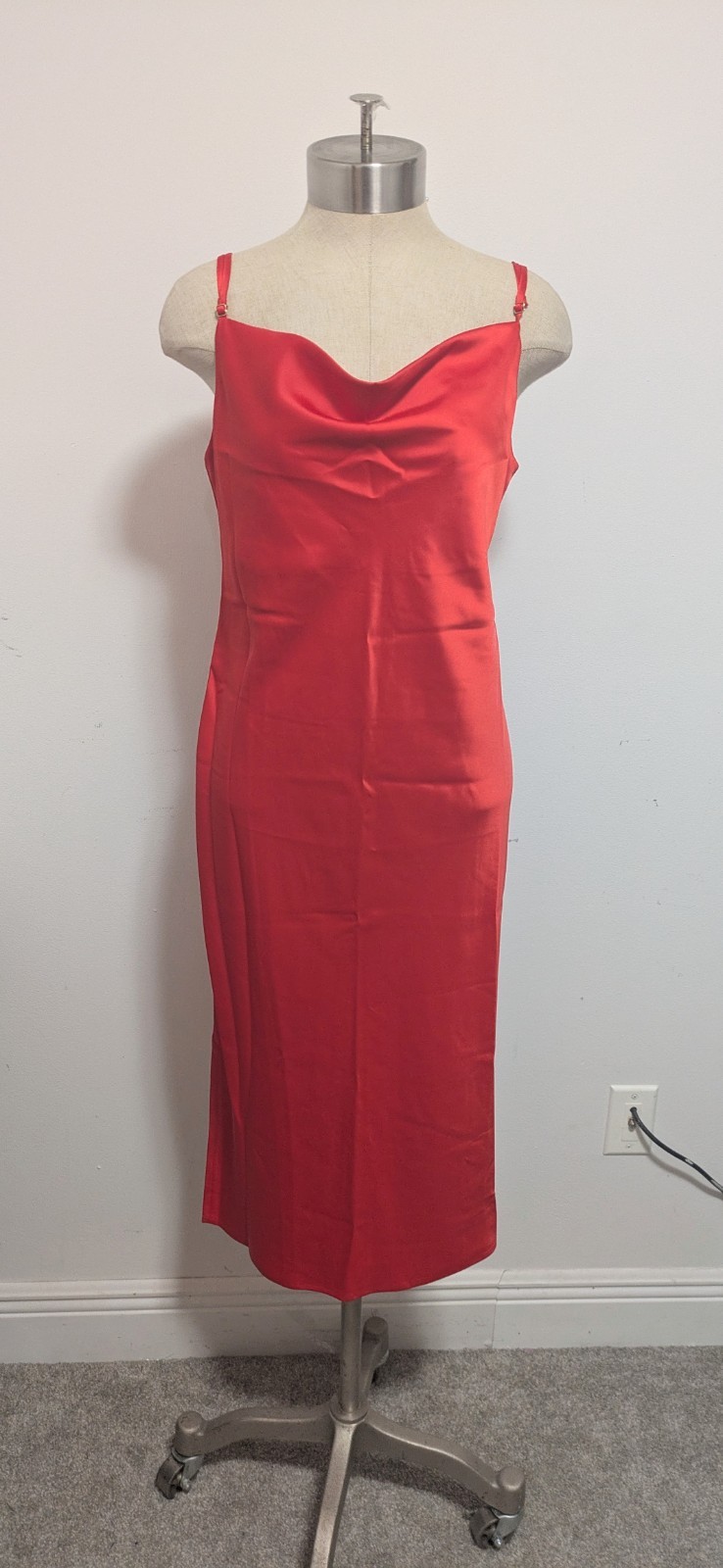 Nine West Red Midi Satin Slip Dress SMALL Cowl Neck 90s Y2K Wedding Cocktail