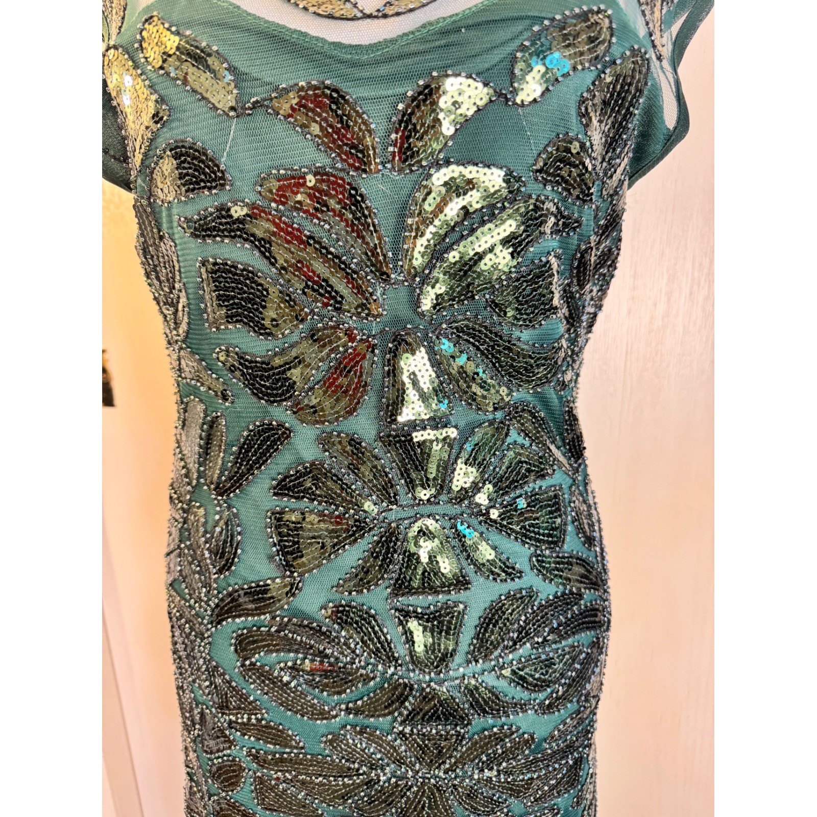 Emerald Green Sequin Beaded Illusion Gown Mermaid Formal Maxi Dress Cap Sleeve