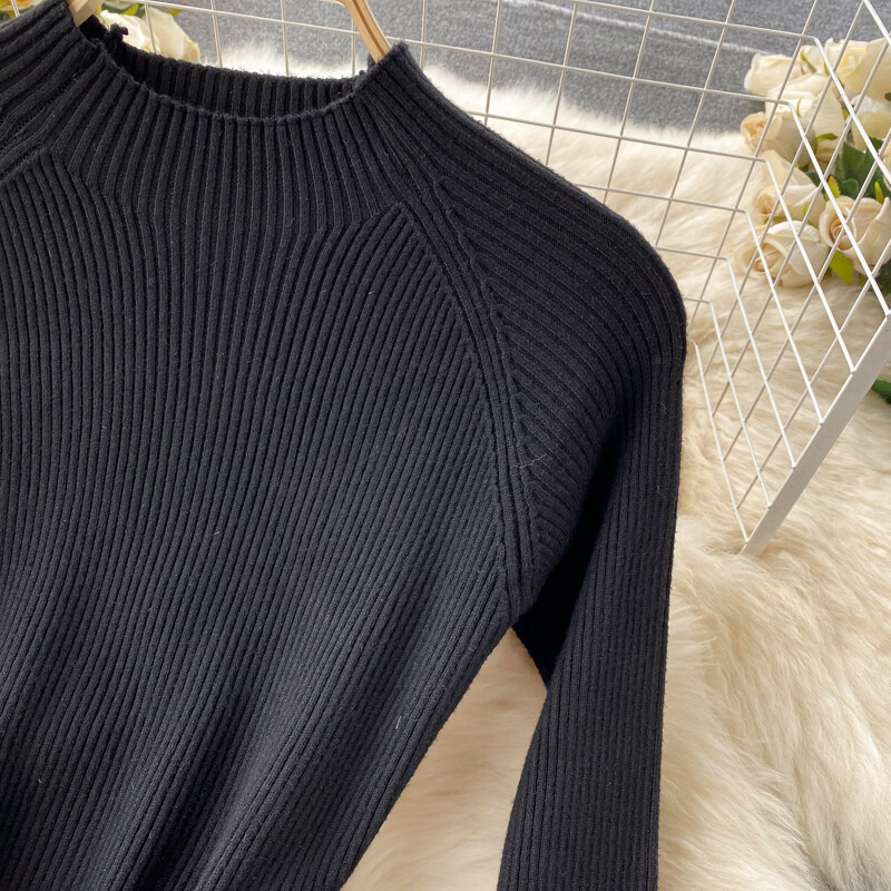 Lady Slim Knitted Midi Dress Pleated Black Long Sleeve Swing Gradient Casual
