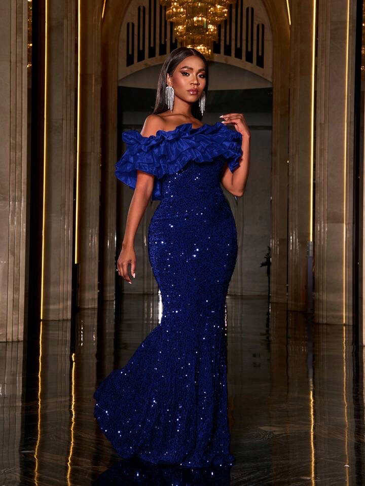 Layered Ruffle Trim Off Shoulder Sequin Mermaid Dress