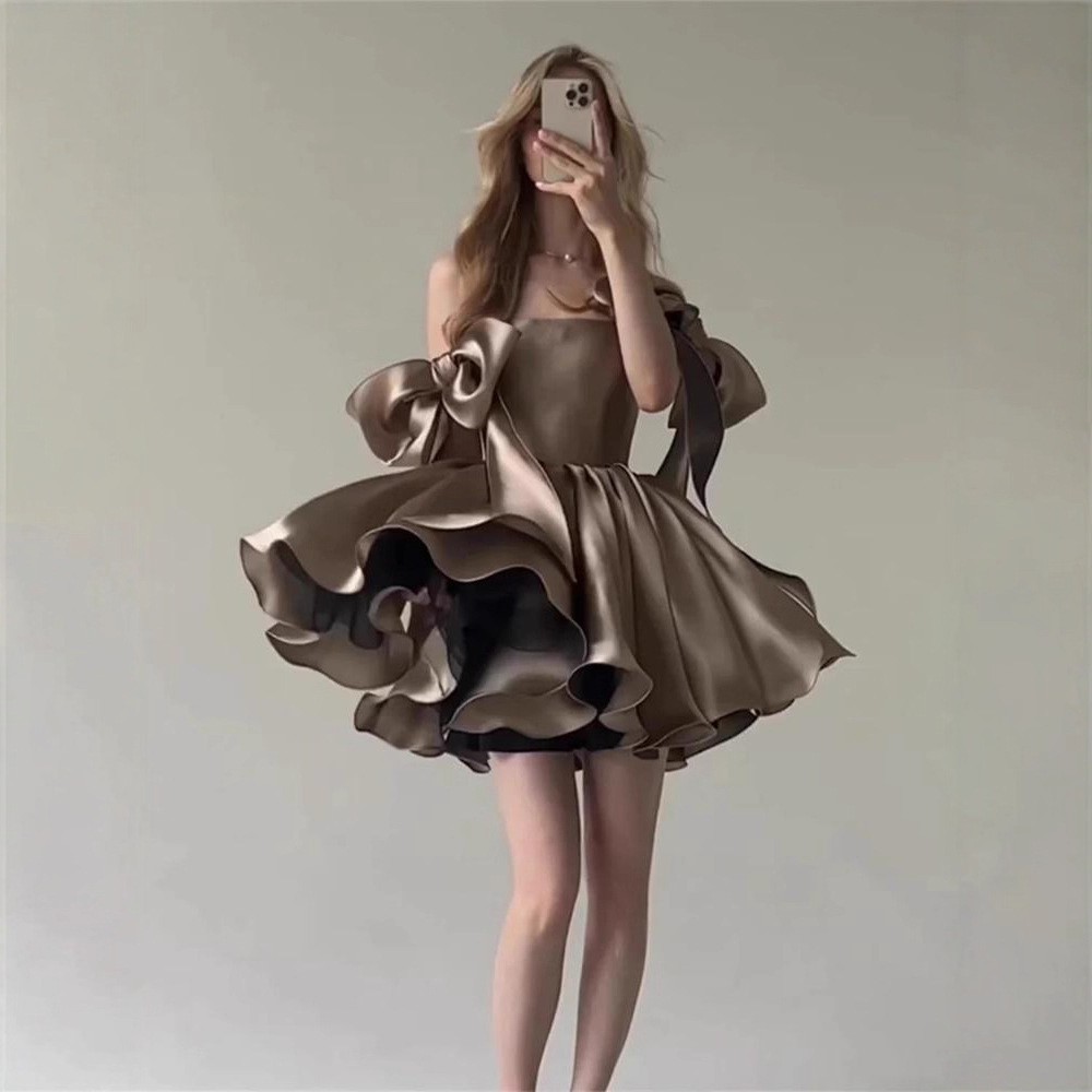 Satin Off Shoulder Mini Dress Corset Big Side Bow Ruffle Homecoming Party Gown
