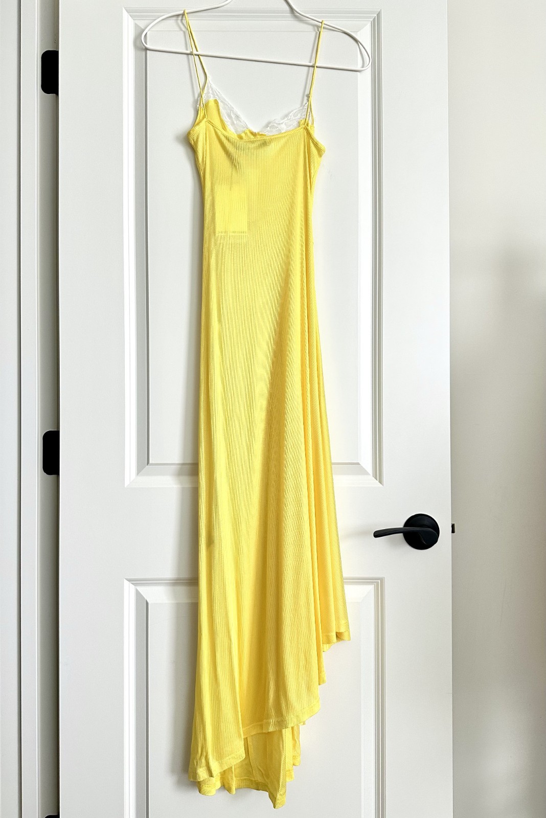 NWT CHRISTOPHER ESBER Yellow Delphin Lace Trim Asymmetrical Rib Midi Dress UK8