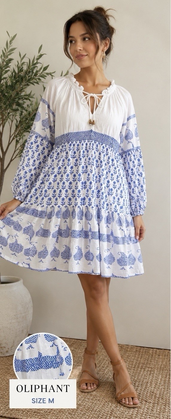 Oliphant Blue White Floral V-Neck Tie Balloon Sleeve Knee Dress M Cotton