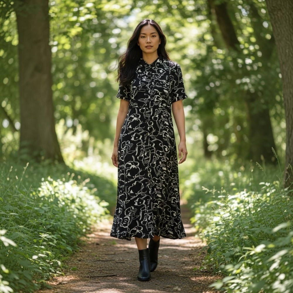 MELLODAY Black & White Floral Abstract Print Midi Shirt Rayon-Linen Blend Dress