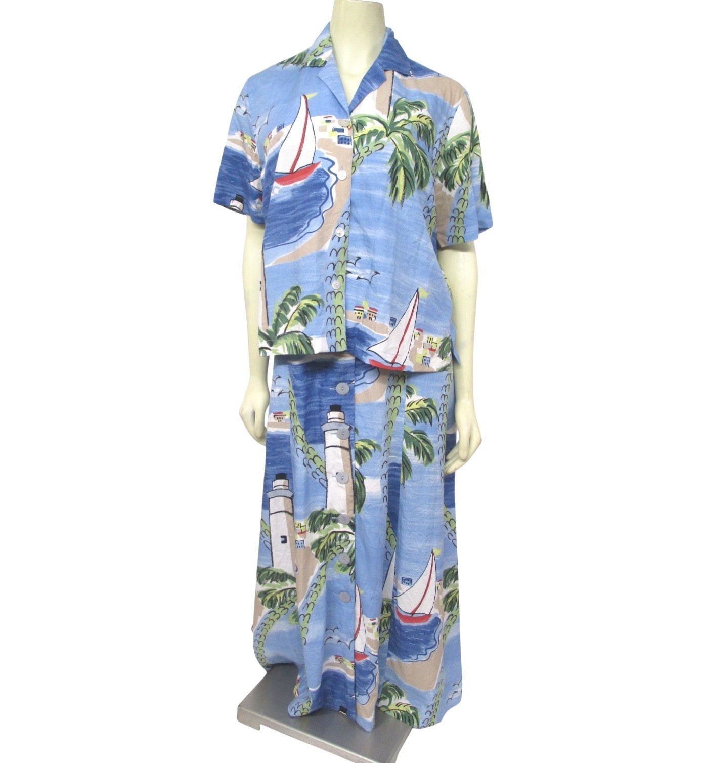 Blue Nautical long Dress Buttoned Shirt Set Large L Hawaiian Aloha CLUB MYSTIQUE
