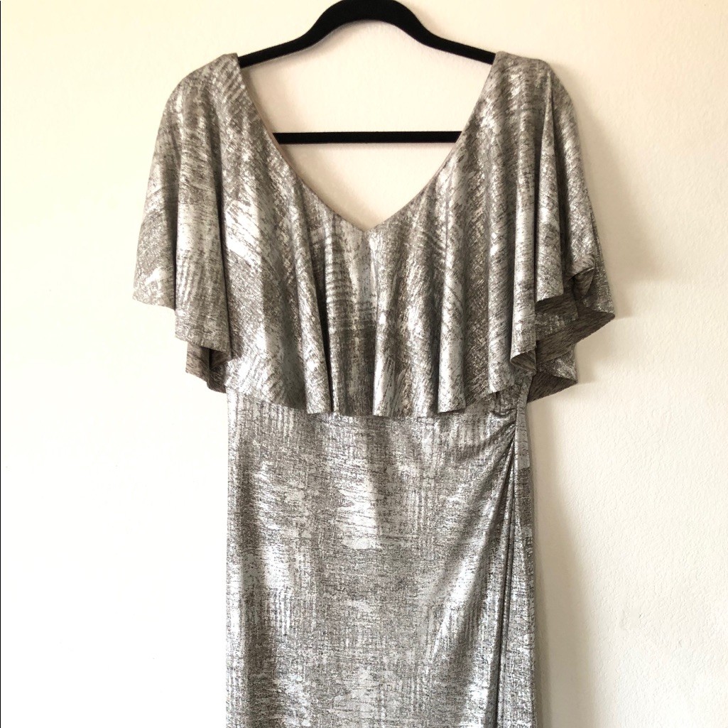 Connected Apparel Metallic Dress Silver Flutter Sleeve Size 12 – Used