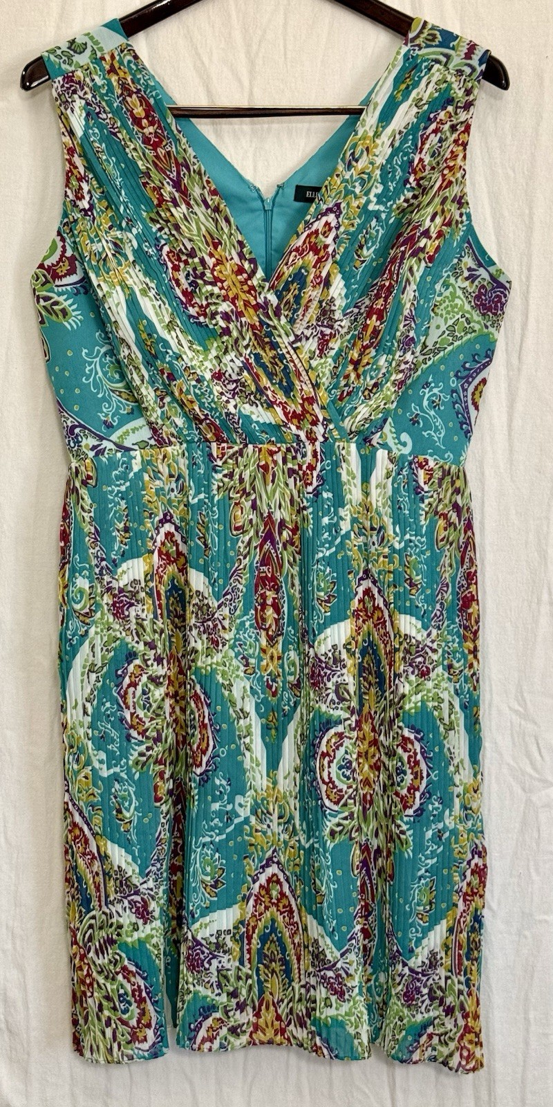 NWOT Ellen Tracy 14 Pleated Teal Paisley Dress Mediterranean Wedding Winery