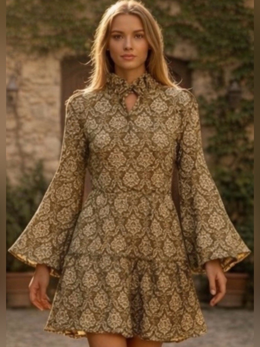 NWT Medium Tuckernuck Hyacinth House Bell Sleeve Tiered Mini Dress in Olive