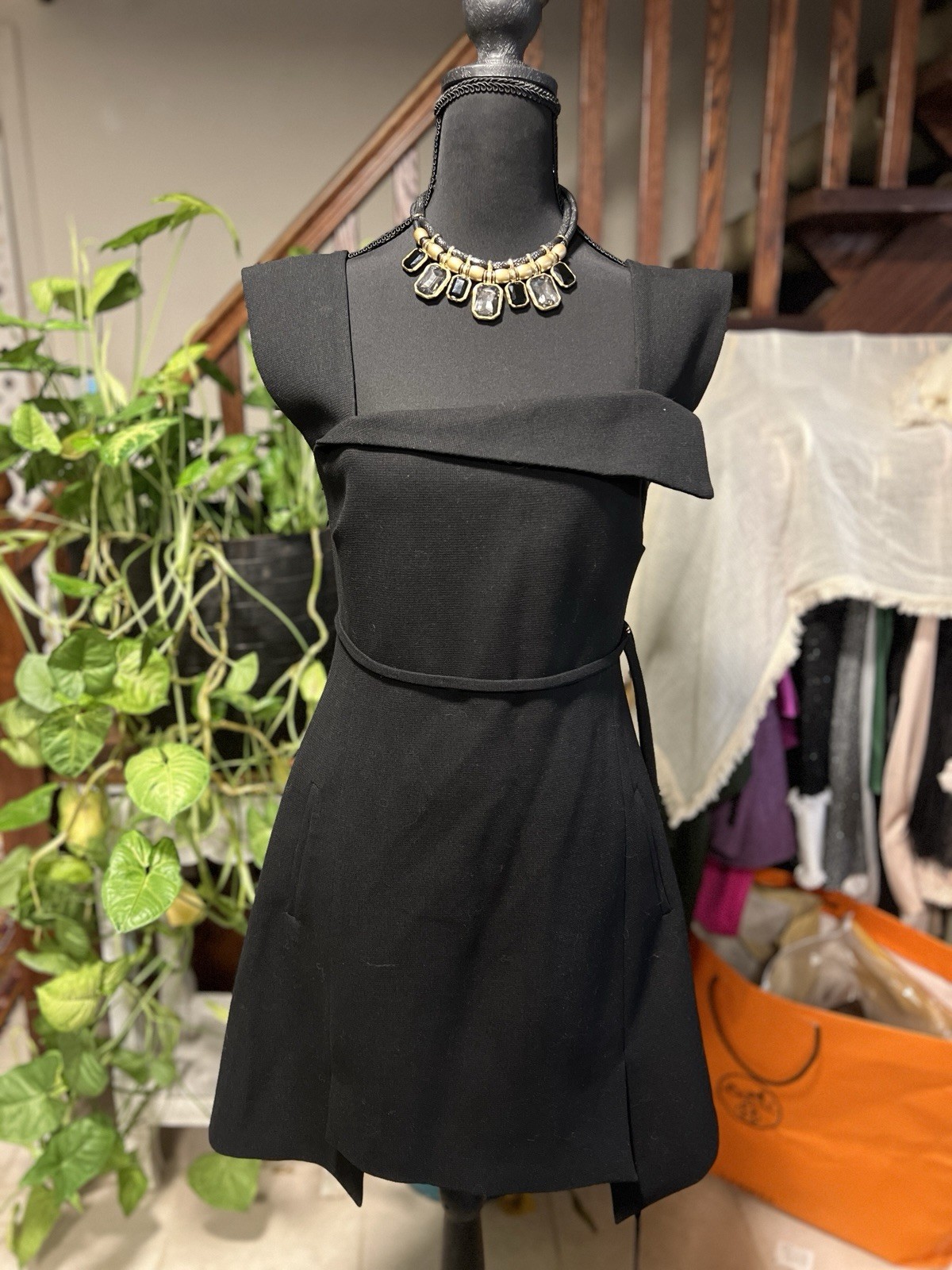 Chic Black Knit Asymmetrical Mini Dress — Modern Sculptural Design