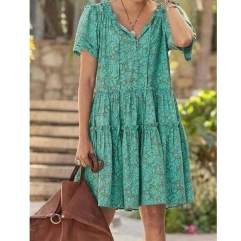 Sundance Liora Floral Leaf Cotton Tiered Ruffle Dress Short Sleeve Green S