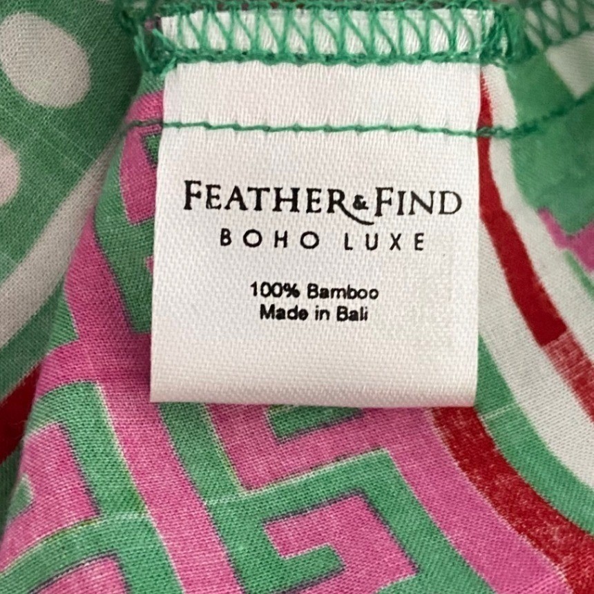 Feather & Find Boho Luxe 100% Bamboo Green Geometric Print Mini Dress M Bali