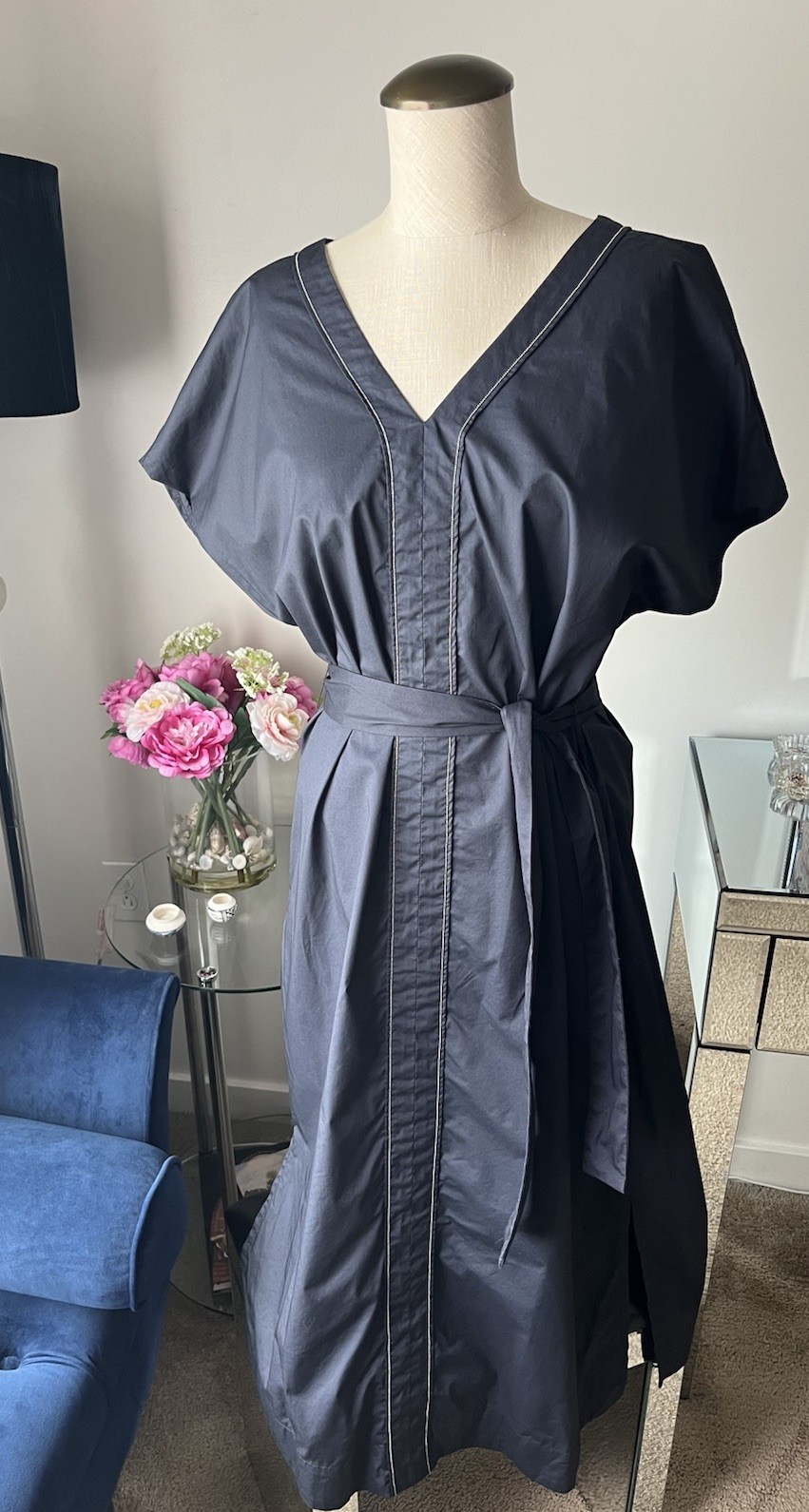 Women’s Peserico Belted Dress Monili Accent Side Pockets Cotton Size 44