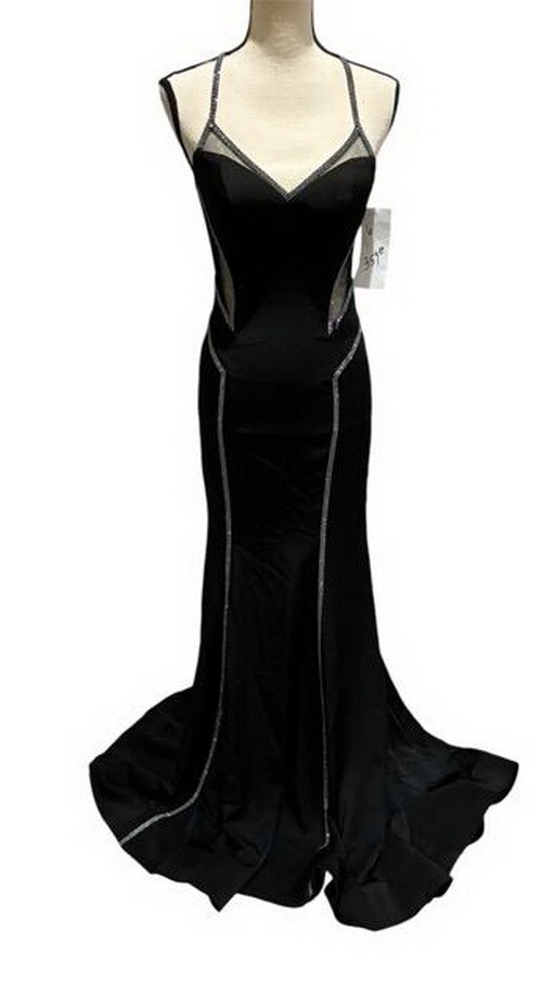 Black Satin Crepe Rhinestone Embellished Mesh Illusion Gown Size 6 $359 Prom