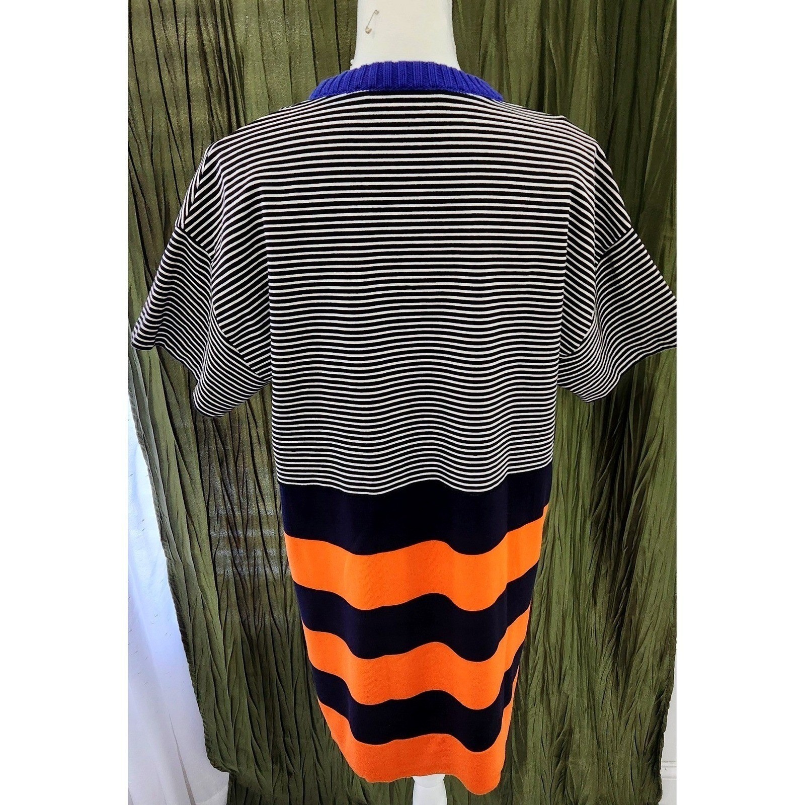 Cedric Charlier Virgin Wool Striped Knit Dress Blue Orange Black White Size 12