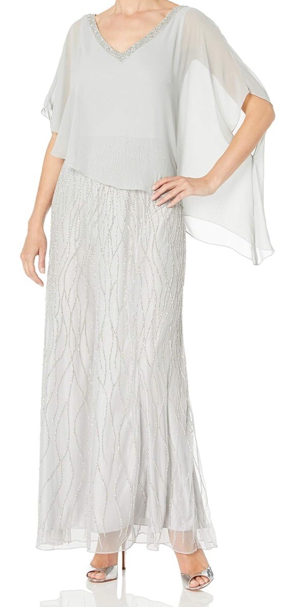 J Kara Women’s Beaded Bottom Sheer Elegant Top Dress Silver Colawater Size 16