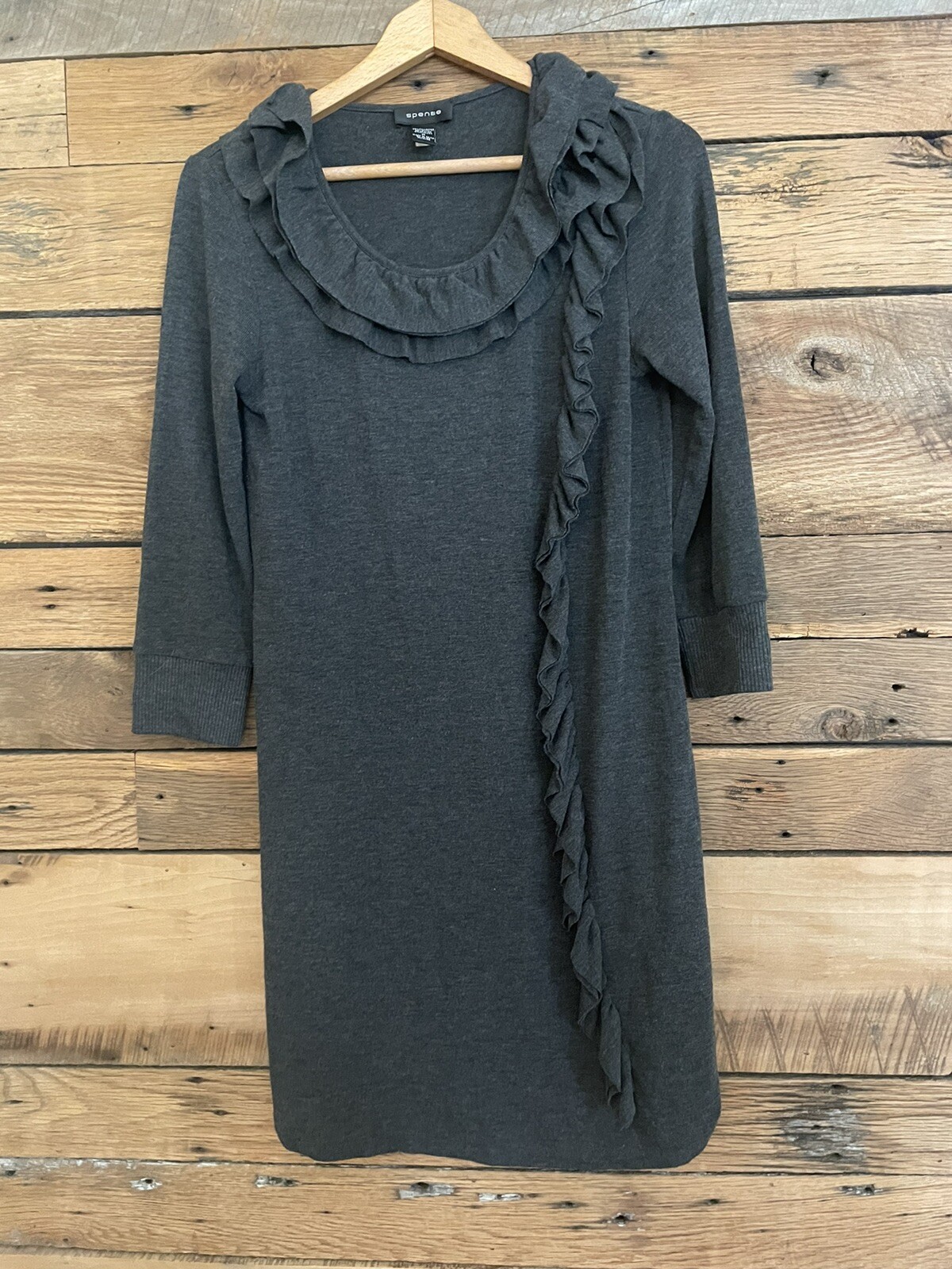 Women’s Dark Gray Ruffle Dress Knee-Length 3/4 Sleeve Elegant Modern Chic Sz M