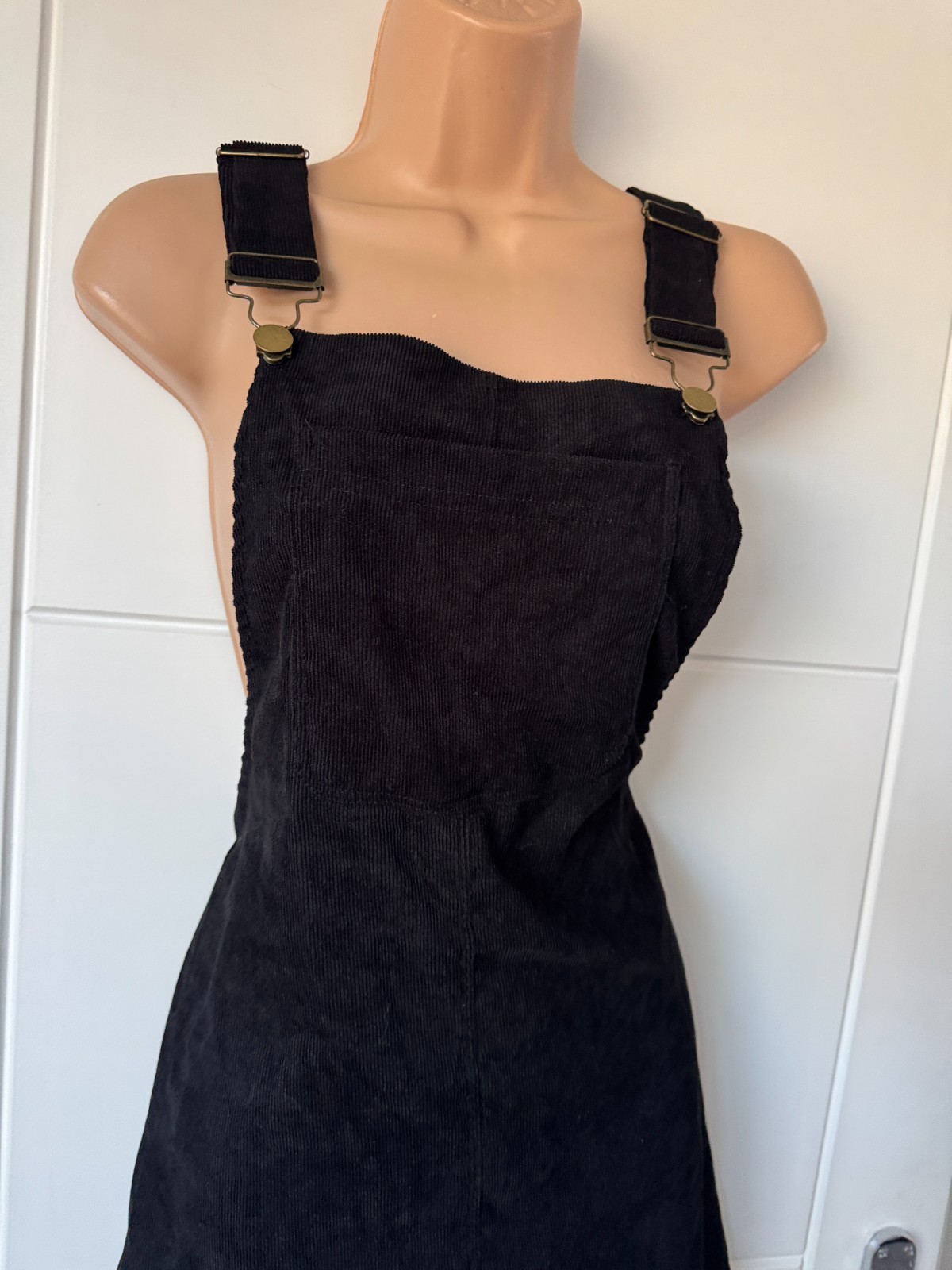 SHEIN Black Corduroy Pinafore Dungaree Mini Dress Pocket Detail S UK 8-10 B92