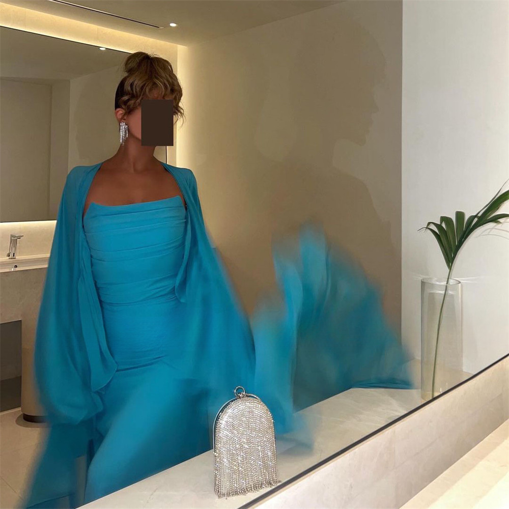 Blue Evening Dresses Straight Pleated Prom Gowns Wedding Guest Dress For Women