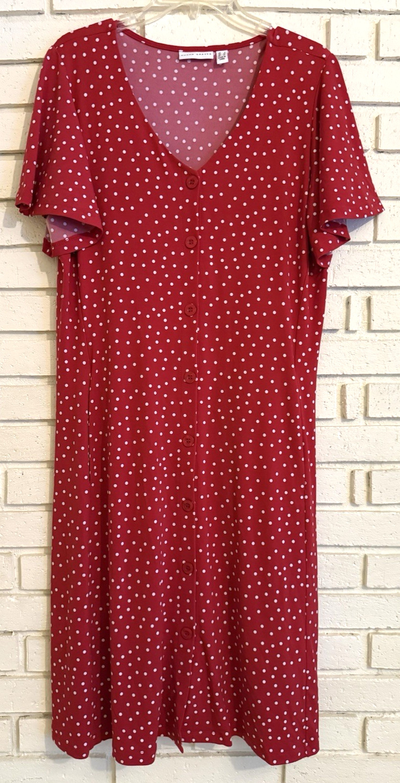 Susan Graver Sz Lg Regular Printed Liquid Knit Button Front Red Dress Pockets