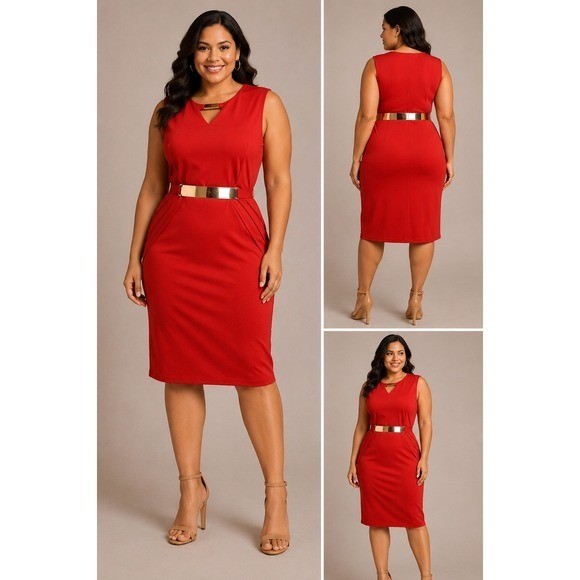 Unbranded Red Sheath Dress Sz Small Gold Belted V-Neck Sleeveless Cocktail Midi