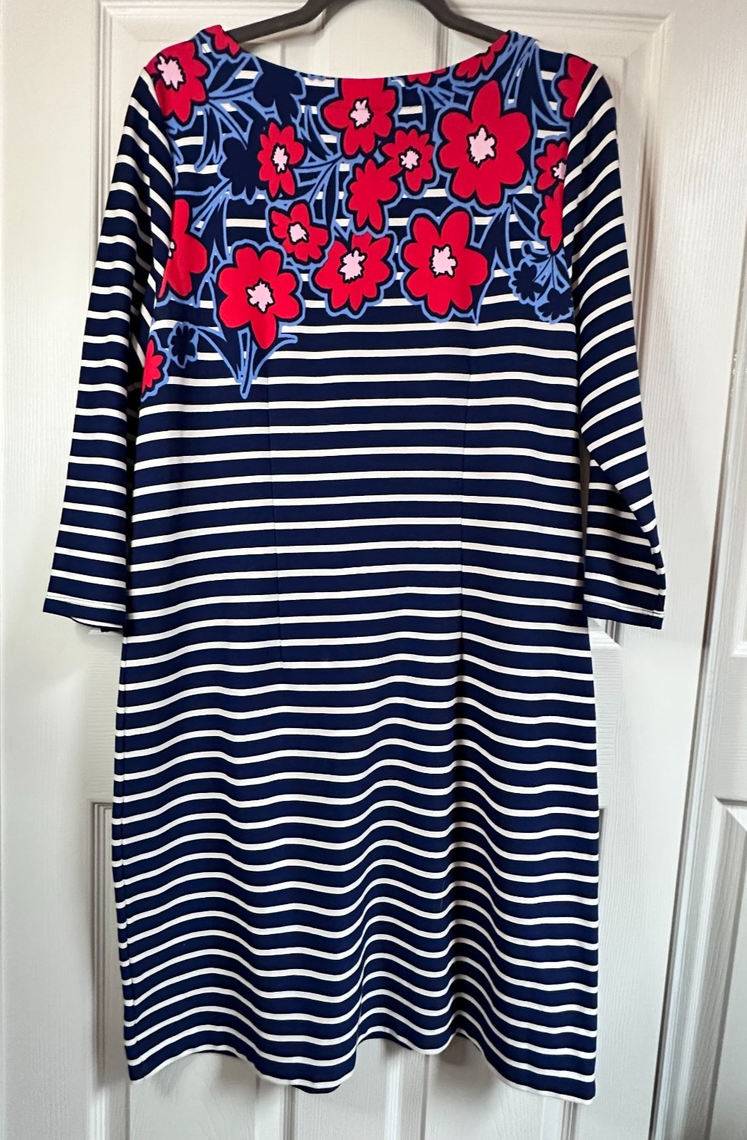 Talbots Large Navy & White Stripe Red Floral Midi Shift Dress Nautical Patriotic