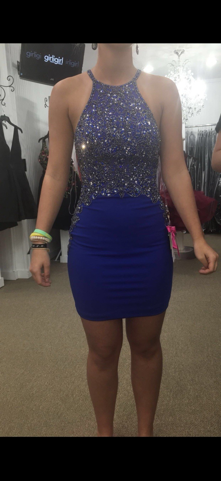 Blue Beaded Rhinestone Halter Mini A-Line Backless Party Dress