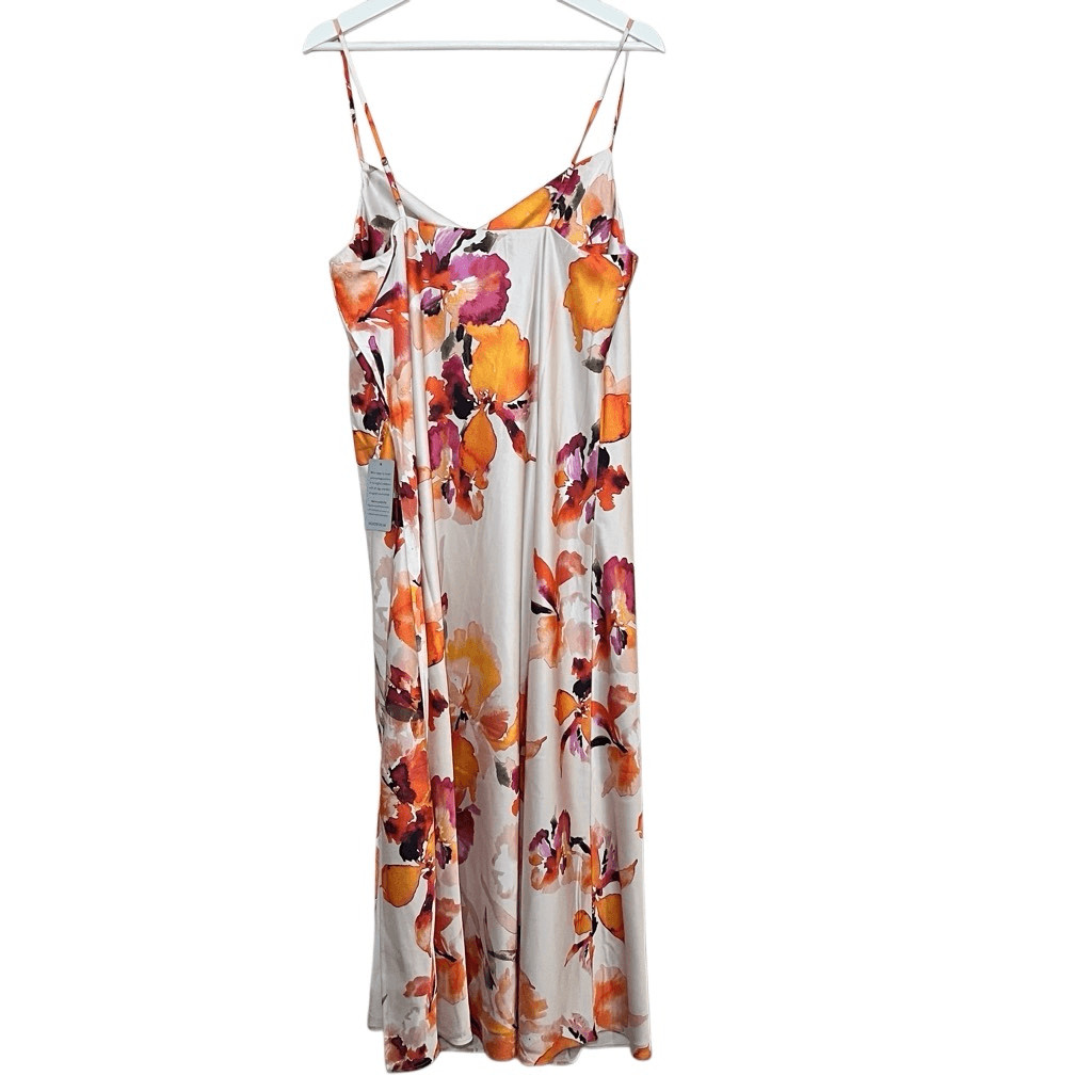 NWT Socialite Satin White Orange Floral Print Cowl Neck Midi Slip Dress XL