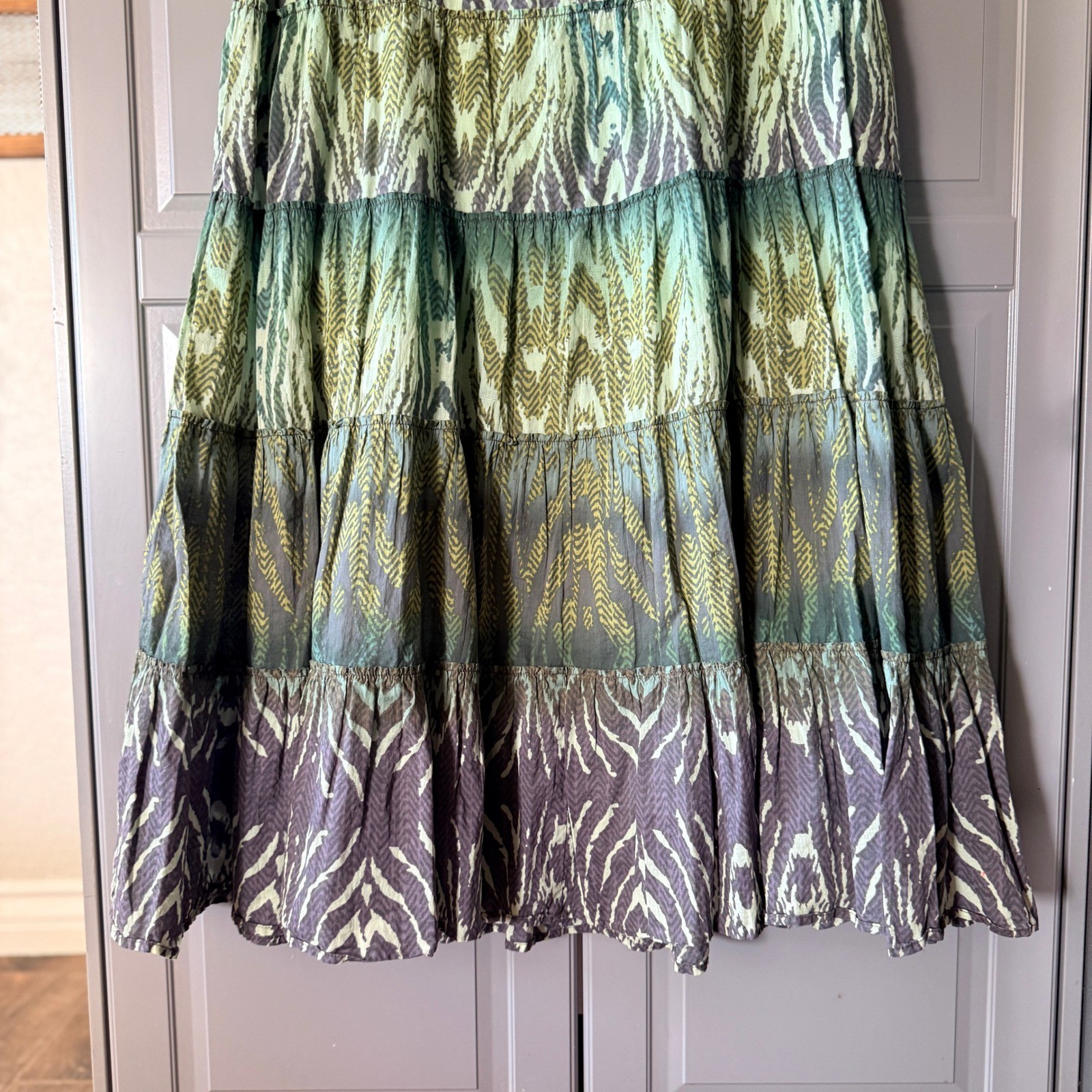 Reba Ikat Beaded Neckline Sleeveless Tiered Midi Dress ,Green Purple 10