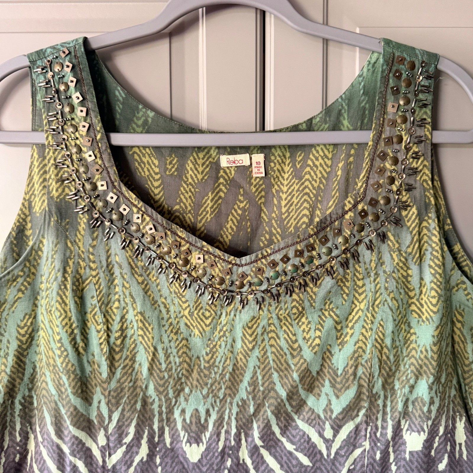 Reba Ikat Beaded Neckline Sleeveless Tiered Midi Dress ,Green Purple 10