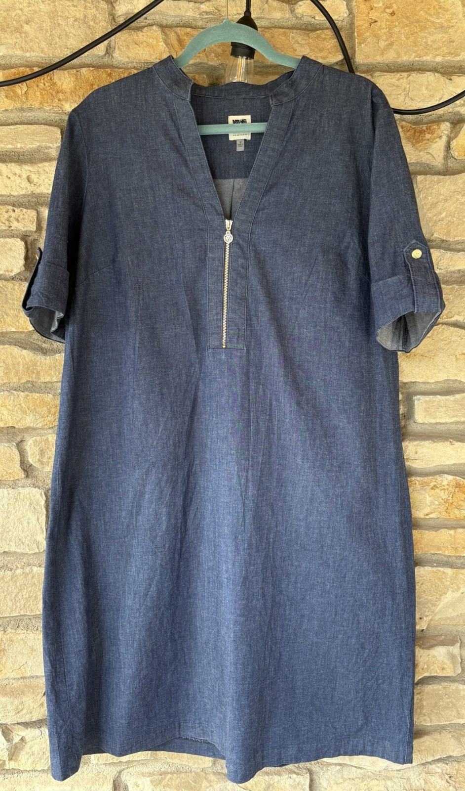 Anne Klein Denim Zip Front Dress Logo Zipper Pull Size 16