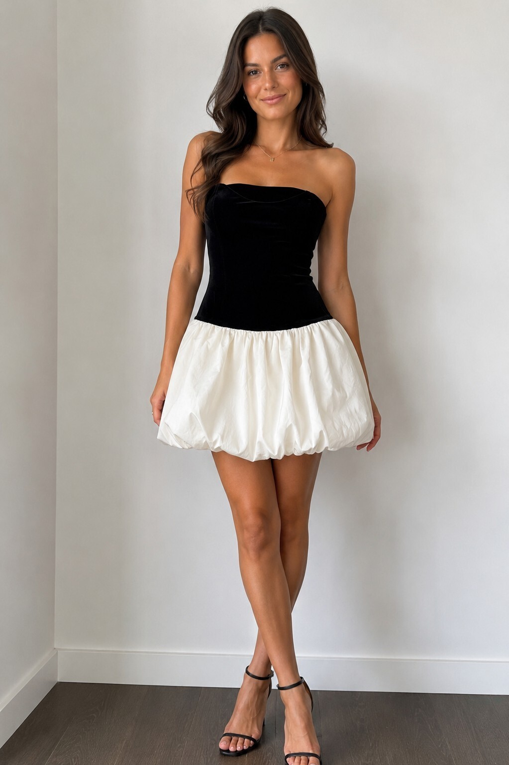 NWT OPT Strapless Black Velvet White Bubble Hem Mini Dress Party Cocktail