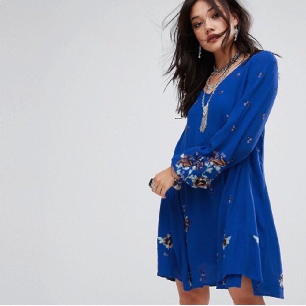 Free People Oxford V-Neck Floral Embroidered Dress Sz Small Boho Y2K Cottagecore