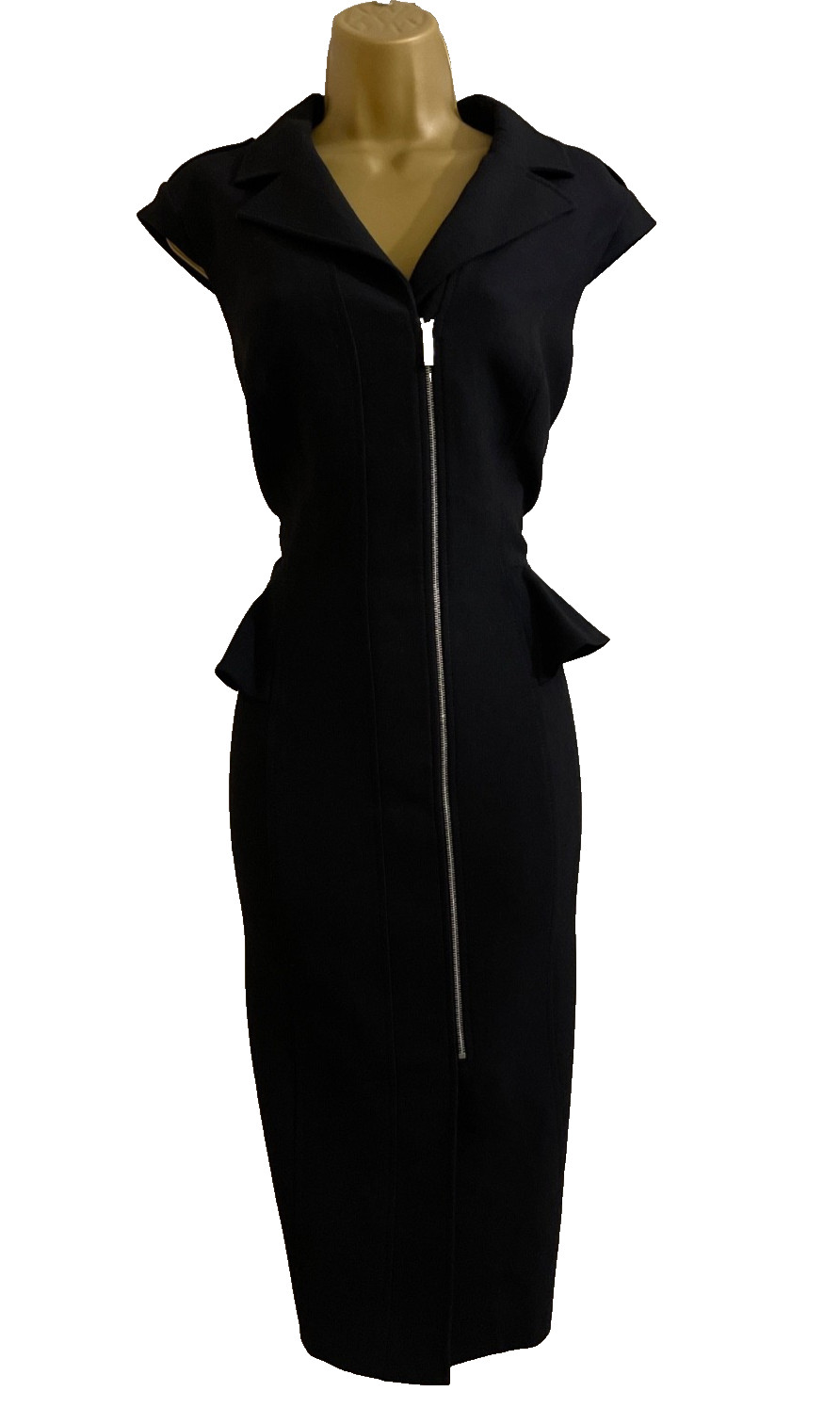 KAREN MILLEN BLACK PEPLUM ZIP-FRONT PENCIL DRESS UK 14 (US 10) EUR 42