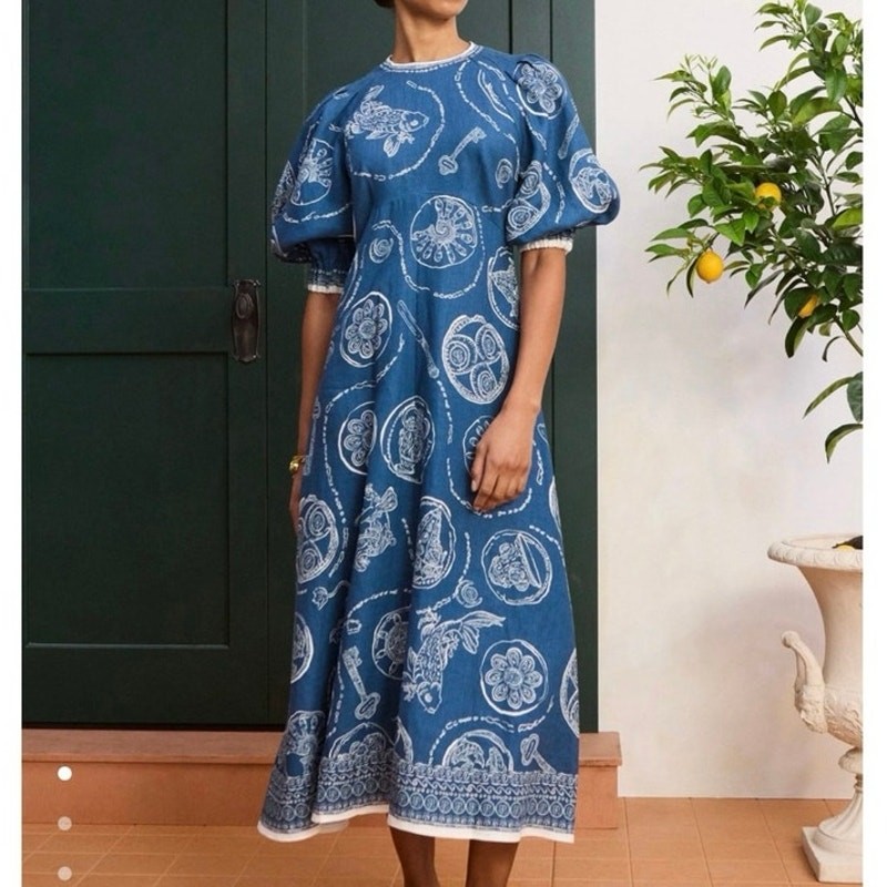 Alemais Lucky linen blue Midi Dress