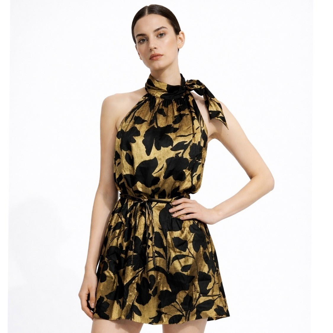 Les Serein Gold Black Floral Metallic Halter Neck Tie Dress Womens M NWT
