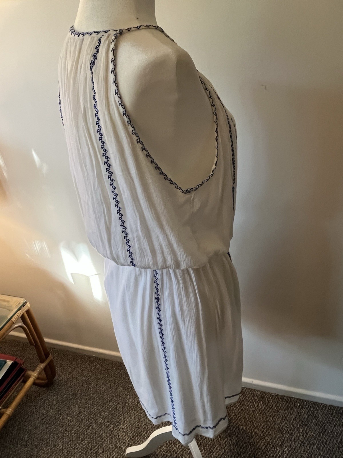 White Blue Embroidered Halter Neck Tassel Tie Elastic Waist Dress